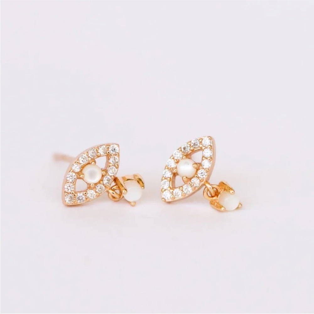 JAX KELLY Mother of Pearl Evil Eye Earrings Goldtone & Cubic Zirconia NWOT